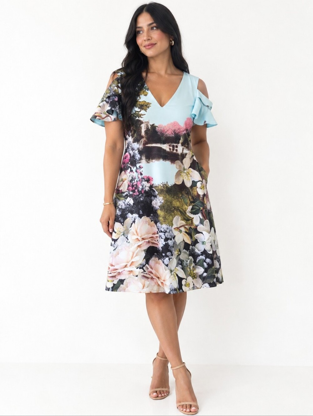 Ted Baker Floral Cold Shoulder V-Neck A-Line Dress Knee Length Size 6 Feminine